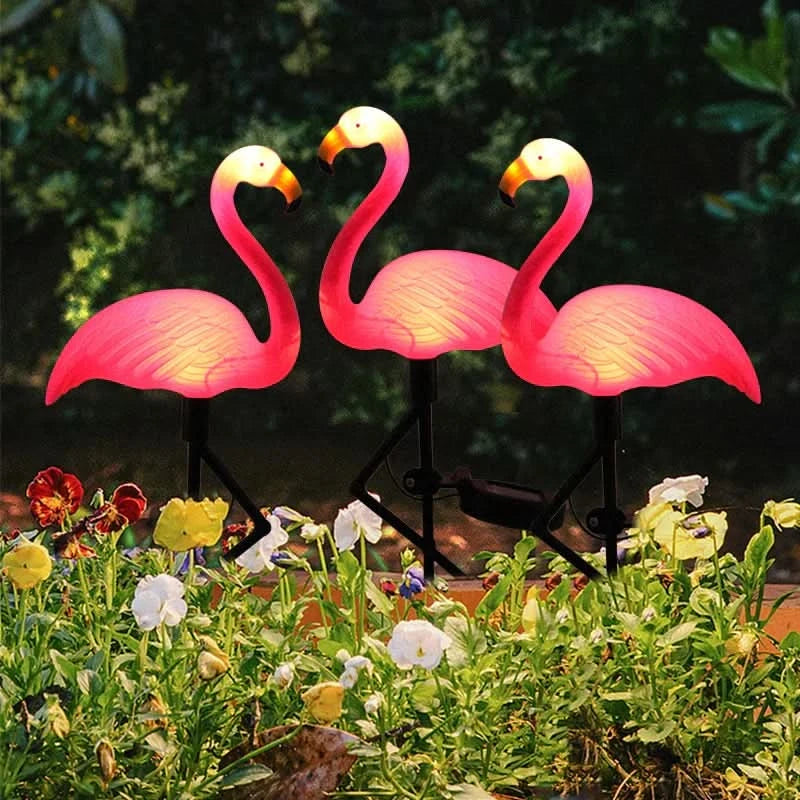 Flamingo Rosa solar luminoso – Jardim mágico à noite 