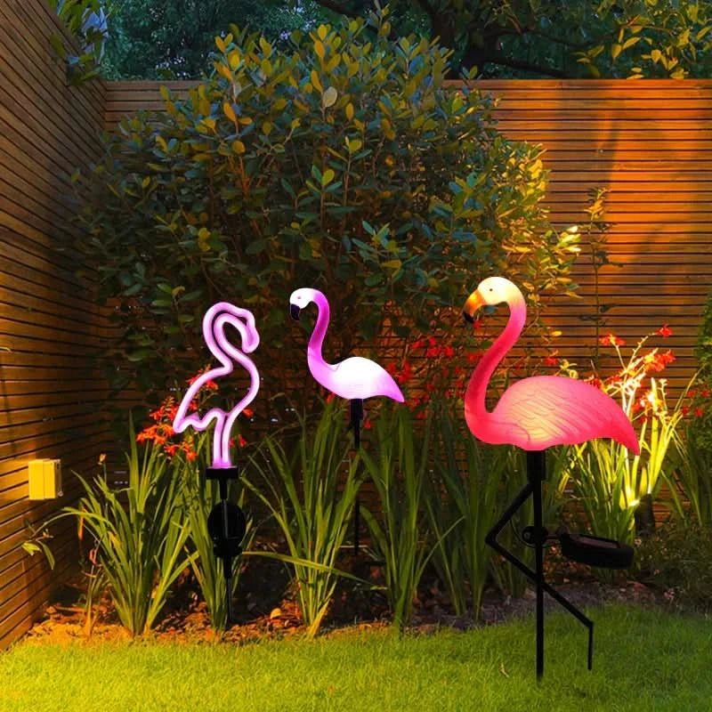 Flamingo Rosa solar luminoso – Jardim mágico à noite 