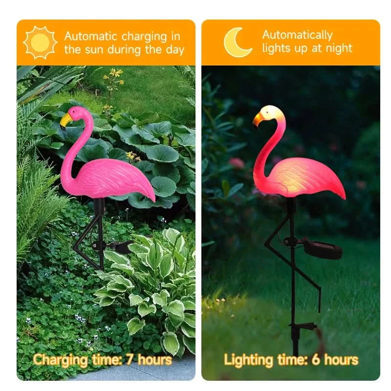 Flamingo Rosa solar luminoso – Jardim mágico à noite 