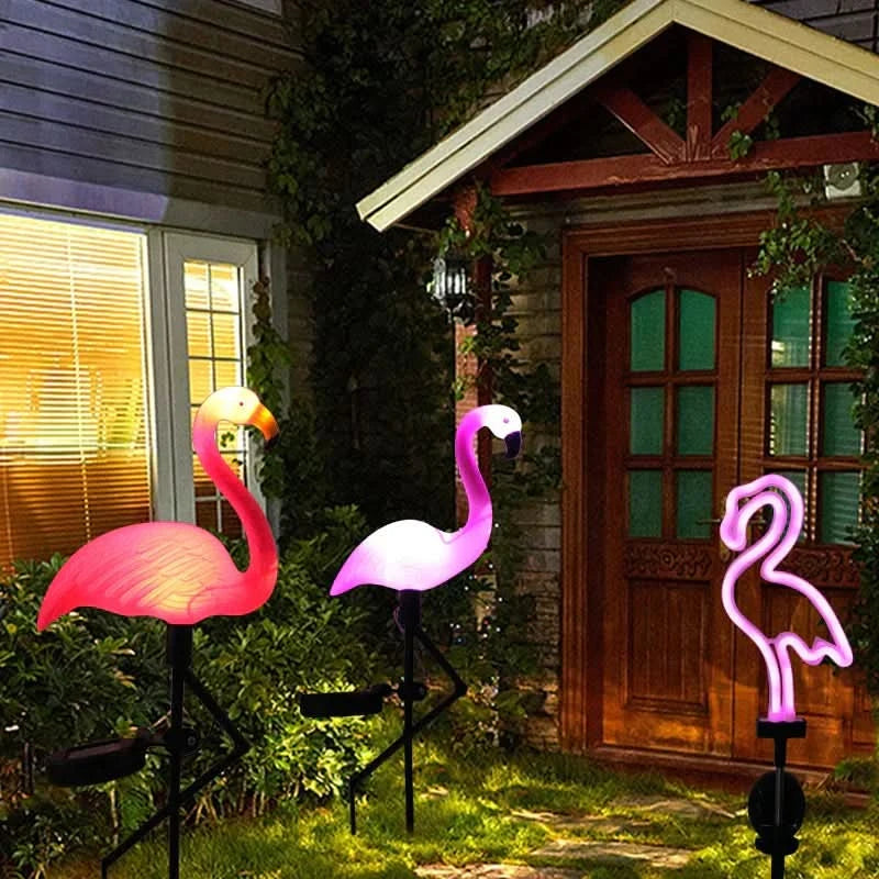 Flamingo Rosa solar luminoso – Jardim mágico à noite 