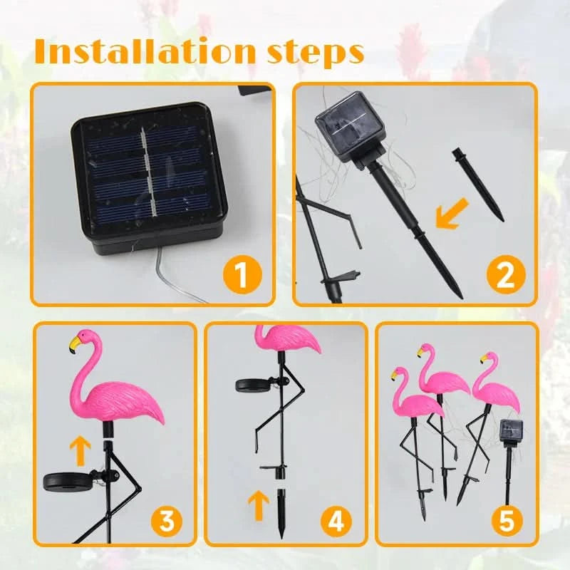 Flamingo Rosa solar luminoso – Jardim mágico à noite 